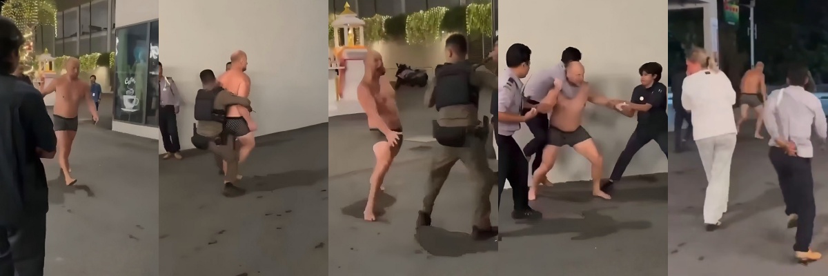 俄罗斯拳击冠军泰国街头发疯，只穿内裤追打警察，多人阻拦都挡不住，街头乱斗刺激感拉满 ！