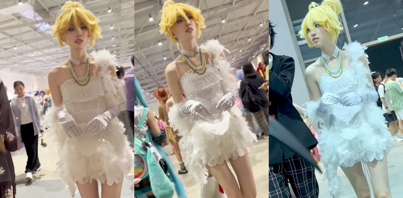 KFC街拍抄底！白毛毛露背裸足天使妹coser和男友逛展 蹲下直接看光内内 - 网红主播