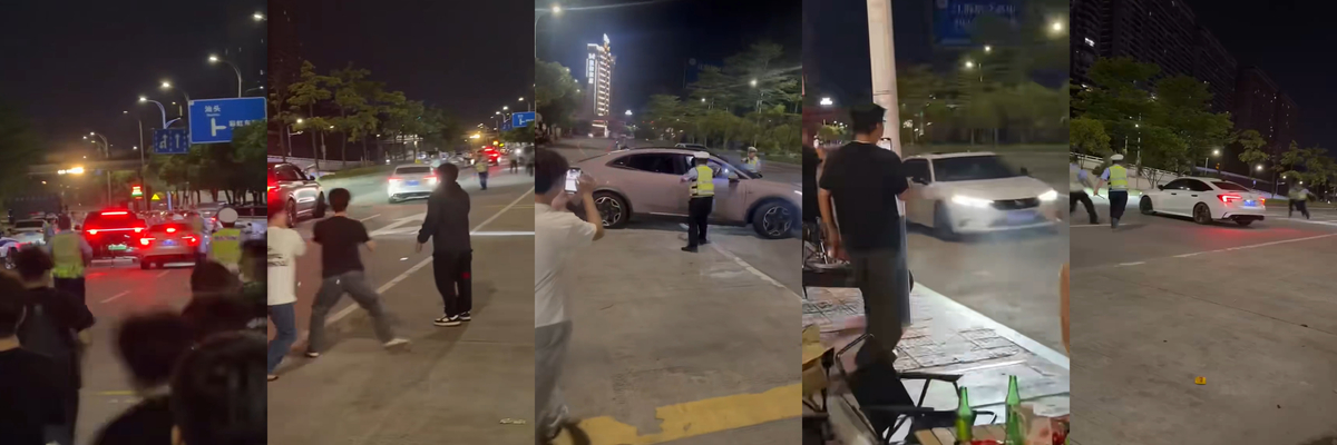 潮州护堤路金域南岸深夜查车嫌疑车疯狂冲卡被迅速拦截！