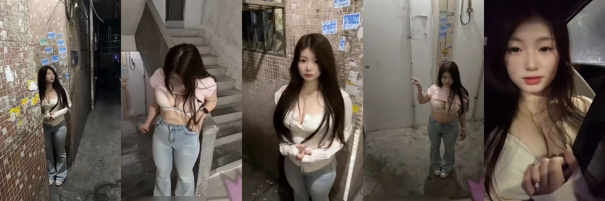 大熊表妹深夜非要拉我到昏暗的楼梯间里玩胆户外露出！太刺激了，还让我给她拍写真！